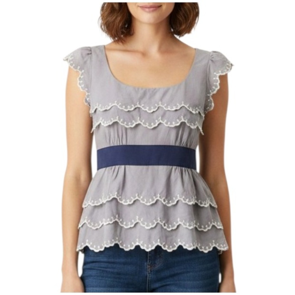 FLOREAT Anthropologie Top LINED GRAY MESH Scalloped Lace NAVY SILK WAIST sz 2